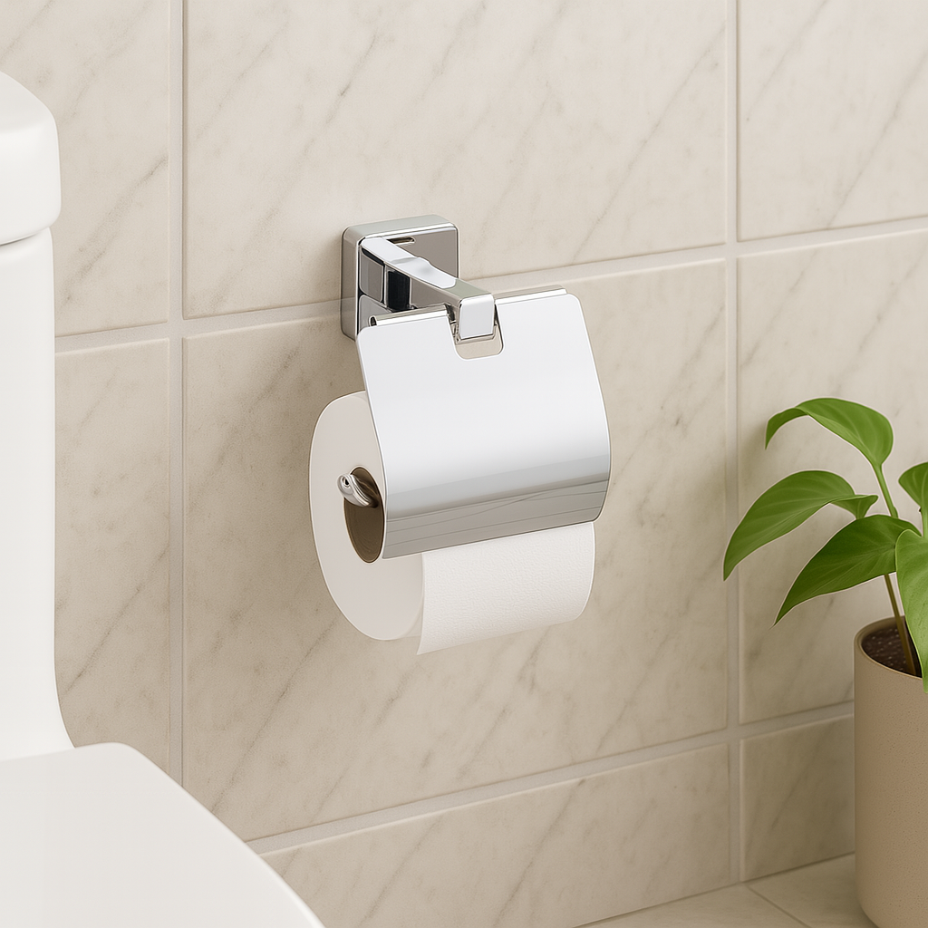 Dérouleur papier toilette mural avec couvercle – Finition chrome & fixation carrée