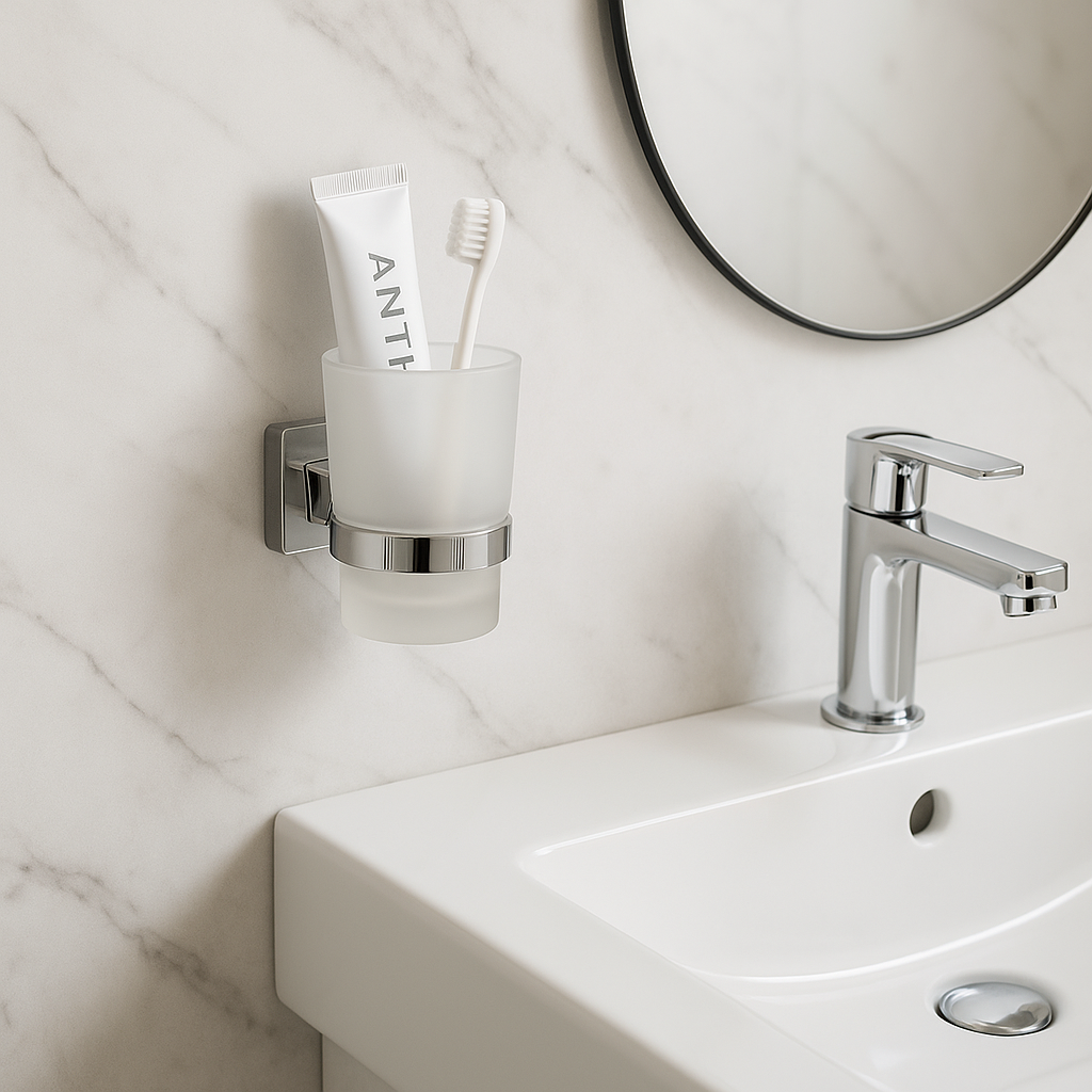 Porte-brosse mural carré en verre et acier inoxydable