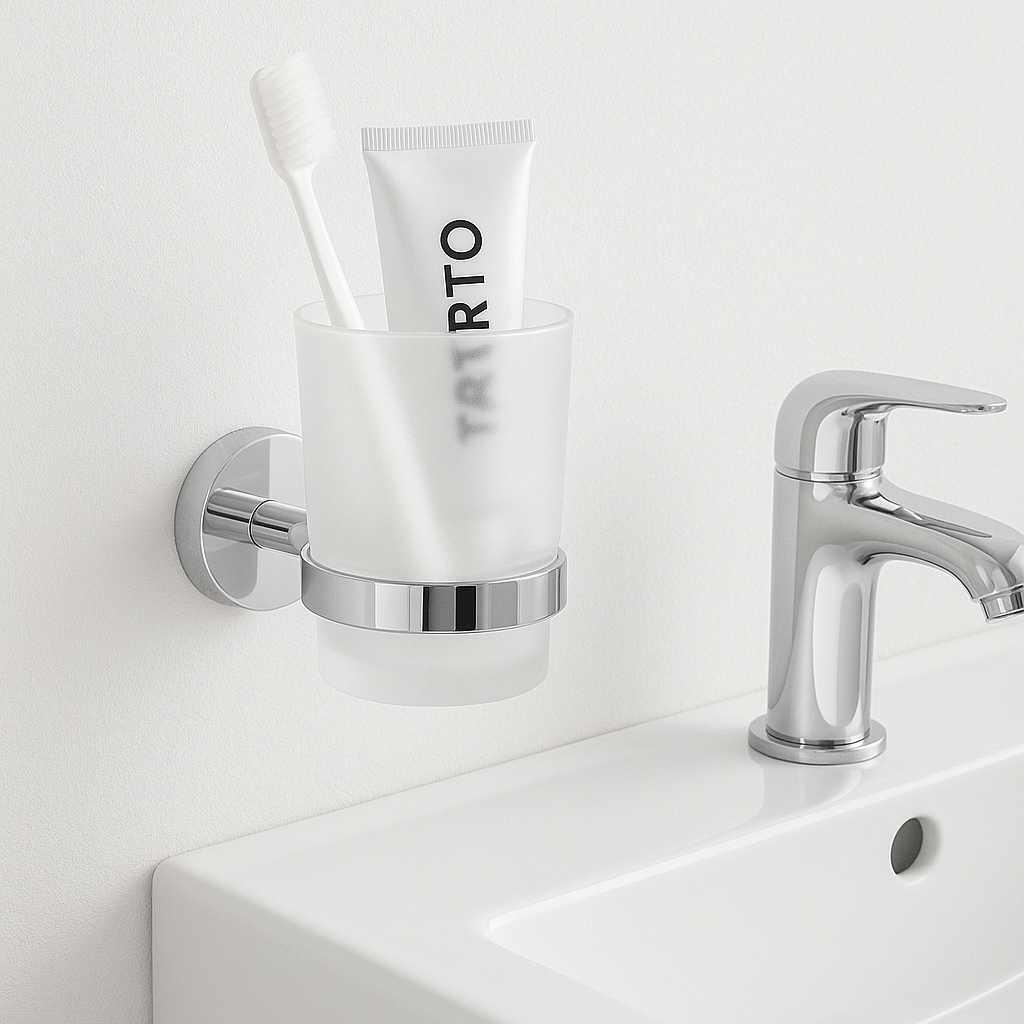 Porte-gobelet mural rond en verre dépoli et finition chrome