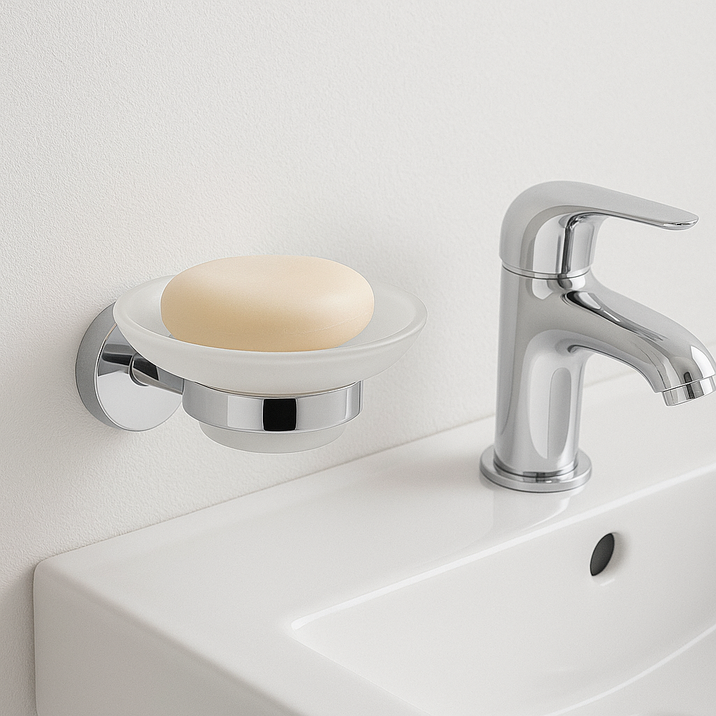 Porte savon en verre et acier inoxydable