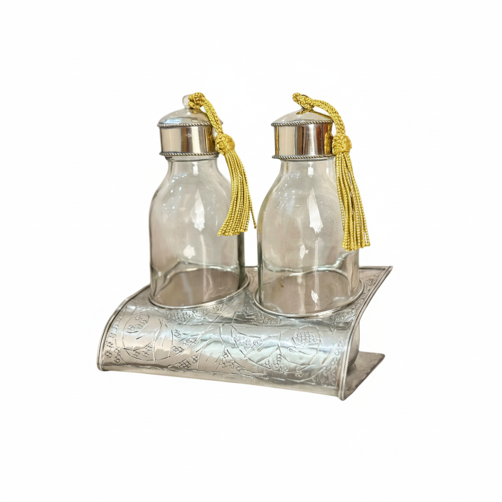 Set de 2 bouteilles artisanales avec support en laiton argenté