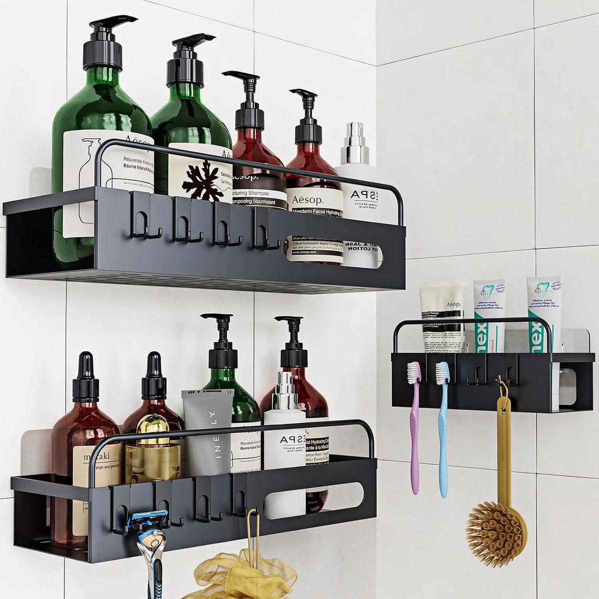 Etagère murale pour salle de bain en métal noir 3pcs